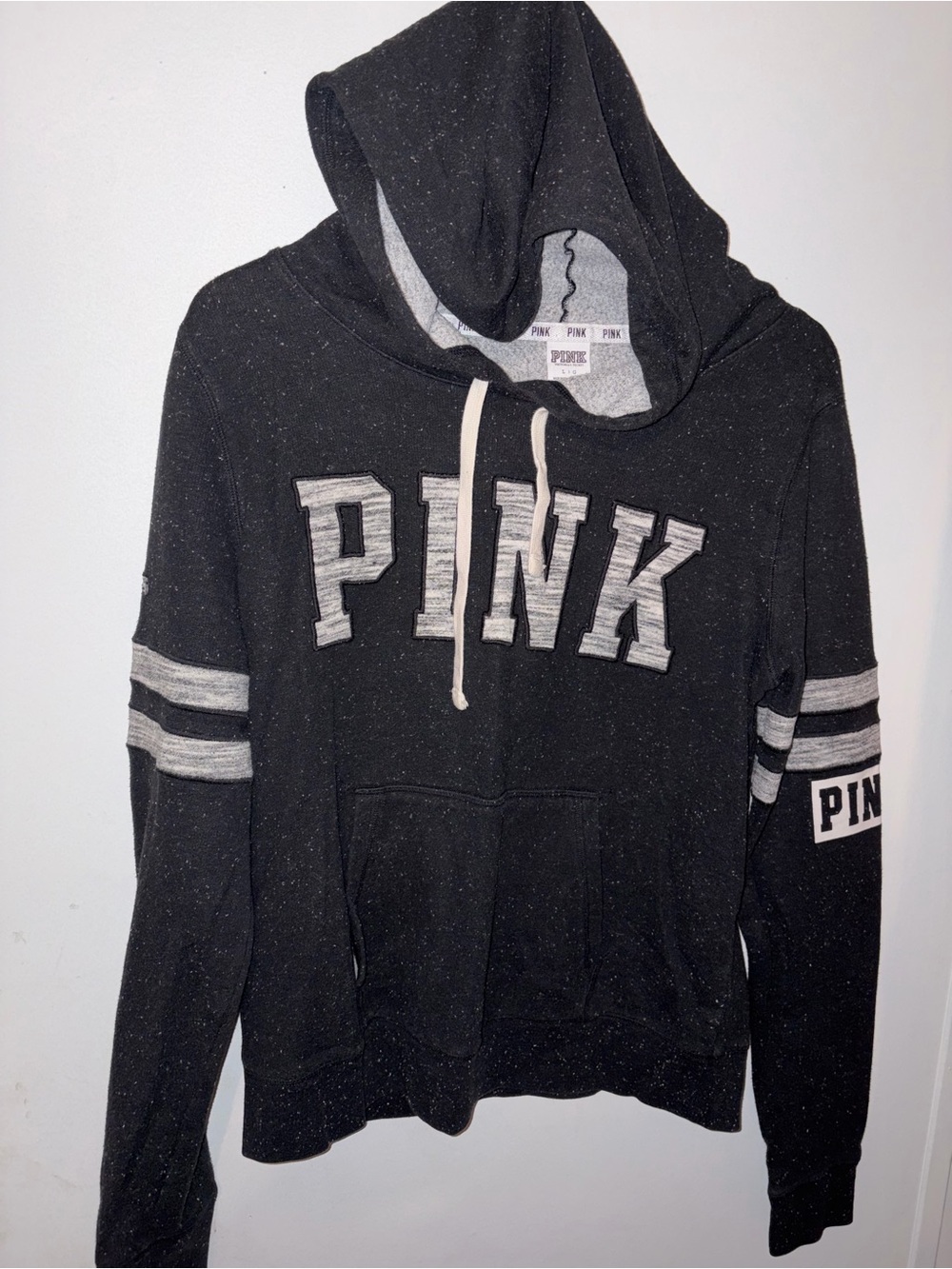 PINK Victoria's Secret Black Zip-Up Hooded Sweater with Grey Accents